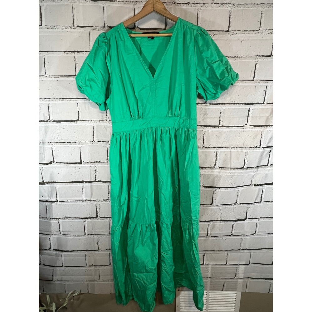 French Connection Green V-Neck Puff Sleeve Tiered Midi Dress Sz L